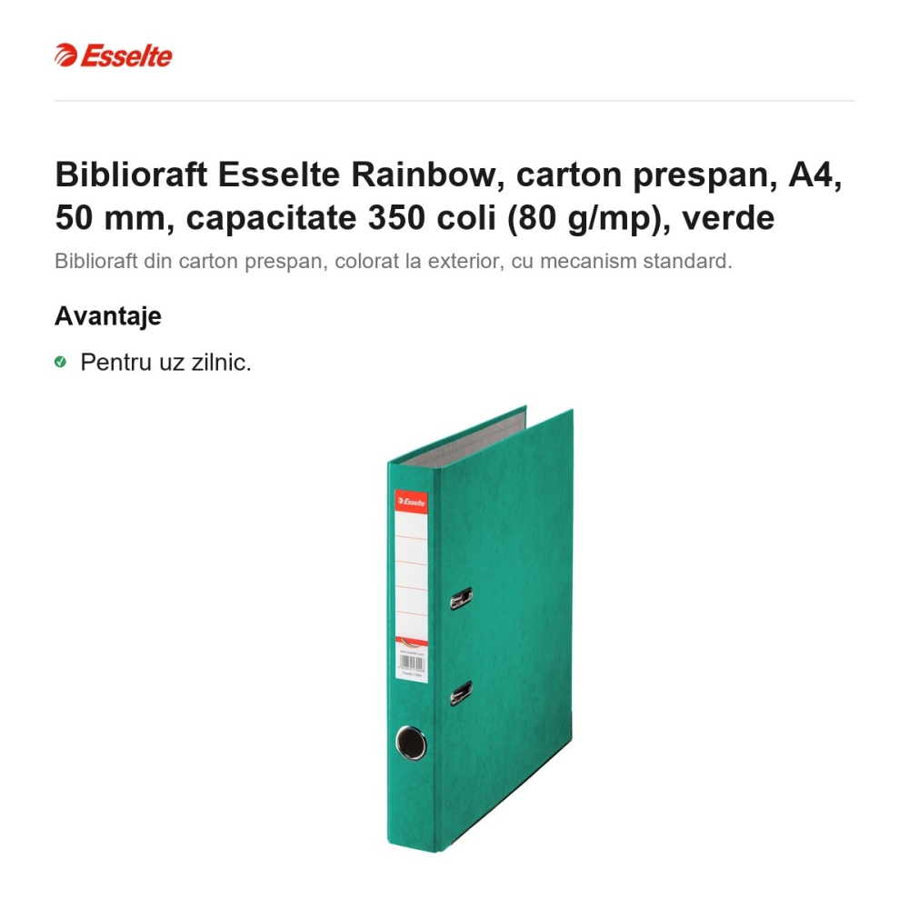 Biblioraft Esselte Rainbow, carton prespan, A4, 50 mm, capacitate 350 coli (80 g/mp), verde [2]