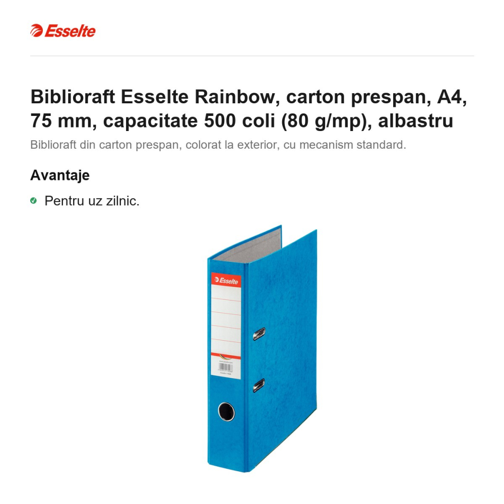 Biblioraft Esselte Rainbow, carton prespan, A4, 75 mm, capacitate 500 coli (80 g/mp), albastru [2]