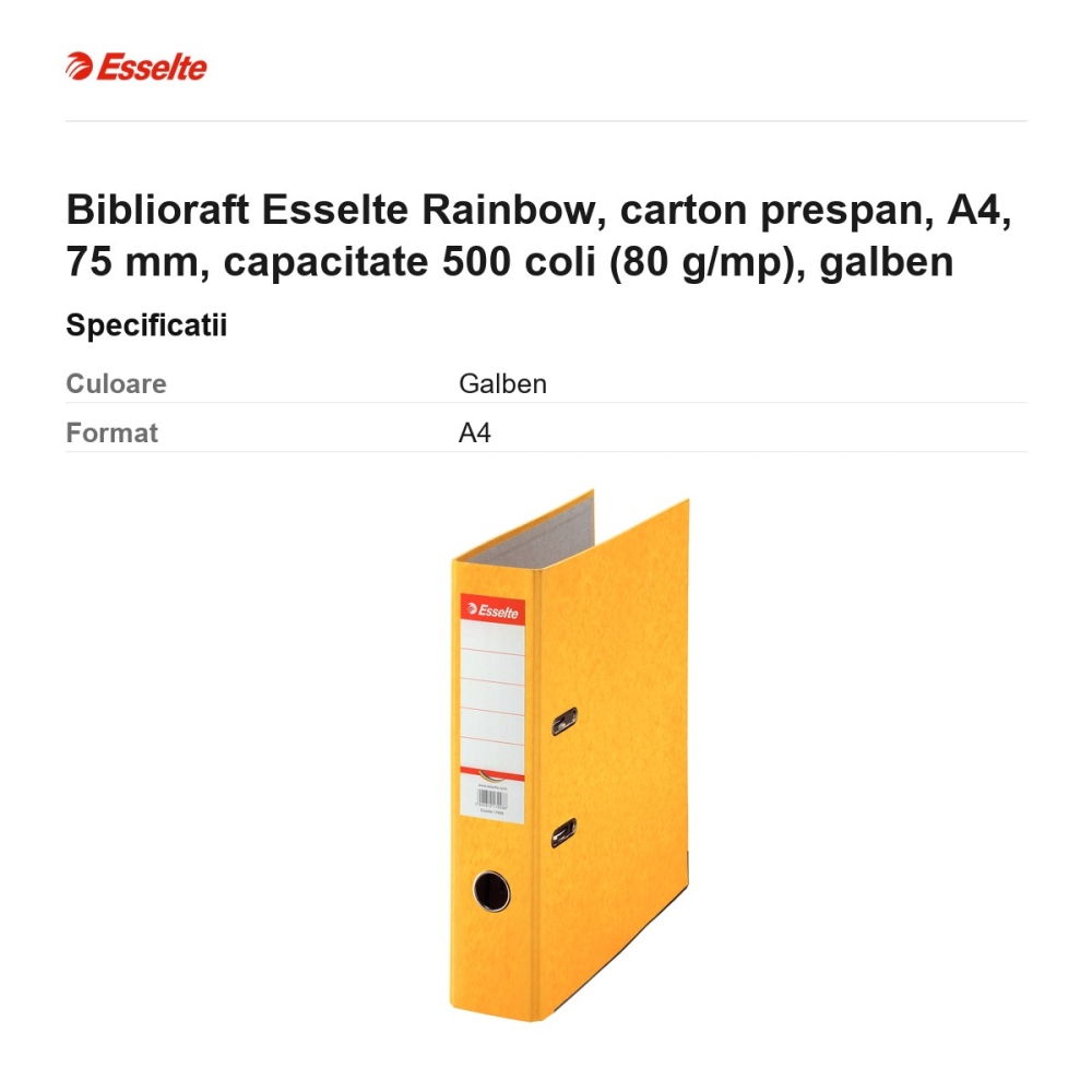 Biblioraft Esselte Rainbow, carton prespan, A4, 75 mm, capacitate 500 coli (80 g/mp), galben [3]