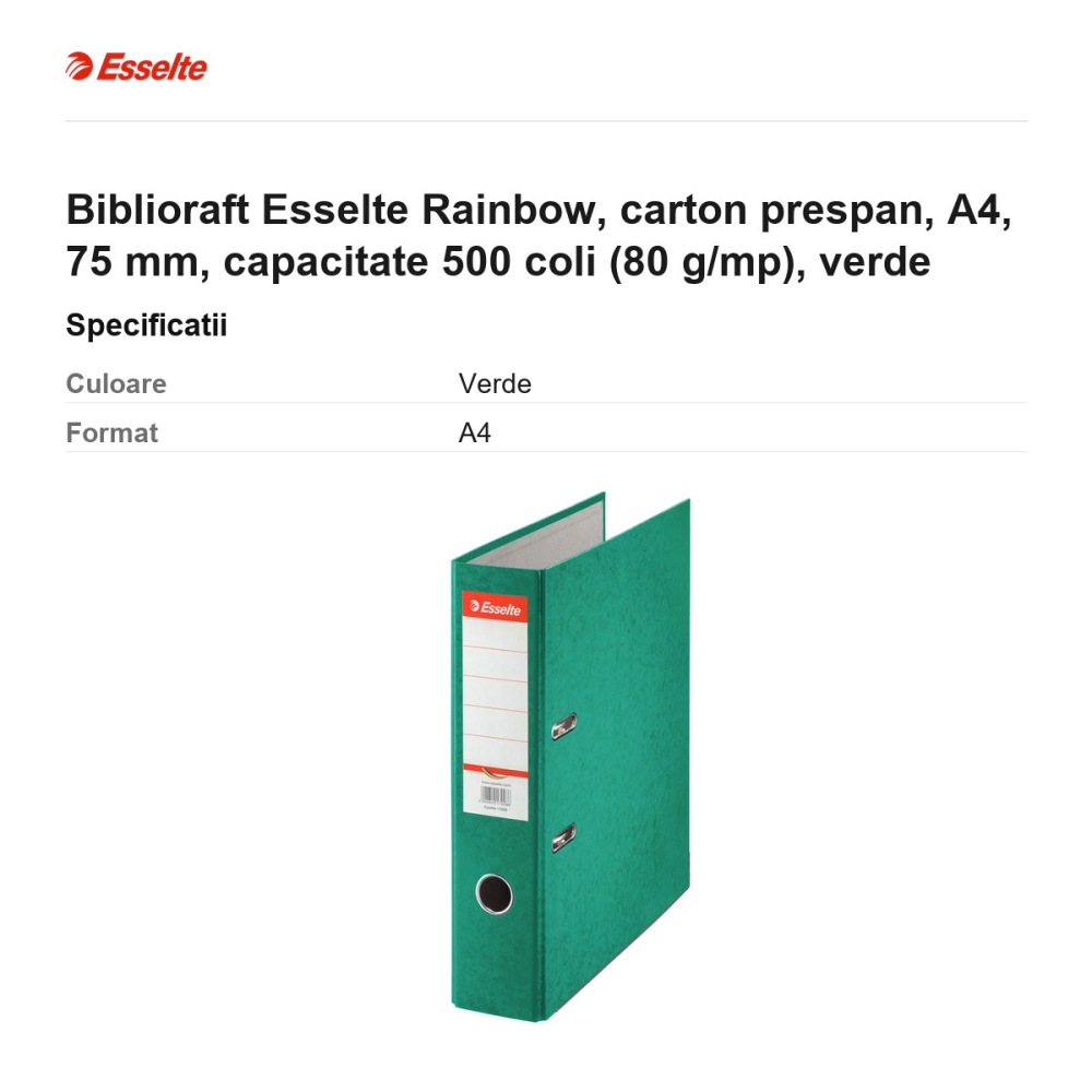 Biblioraft Esselte Rainbow, carton prespan, A4, 75 mm, capacitate 500 coli (80 g/mp), verde [3]