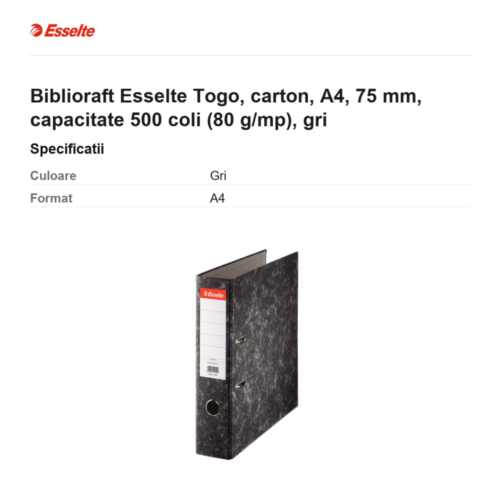 Biblioraft Esselte Togo, carton, A4, 75 mm, capacitate 500 coli (80 g/mp), gri [3]