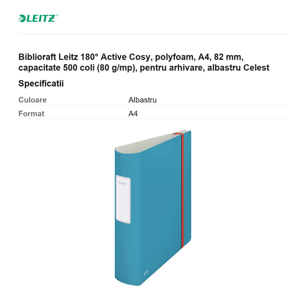 Biblioraft Leitz 180° Active Cosy, polyfoam, A4, 82 mm, capacitate 500 coli (80 g/mp), pentru arhivare, albastru Celest [3]