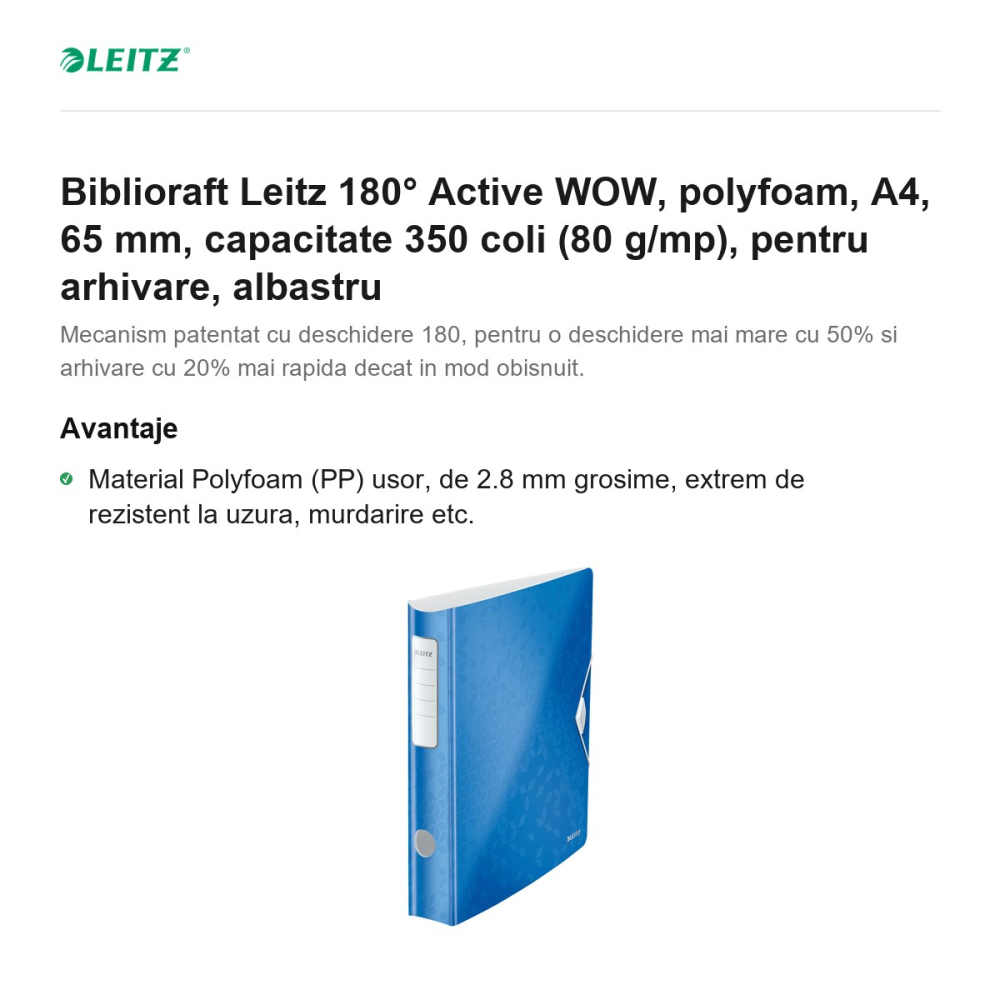 Biblioraft Leitz 180° Active WOW, polyfoam, A4, 65 mm, capacitate 350 coli (80 g/mp), pentru arhivare, albastru [2]