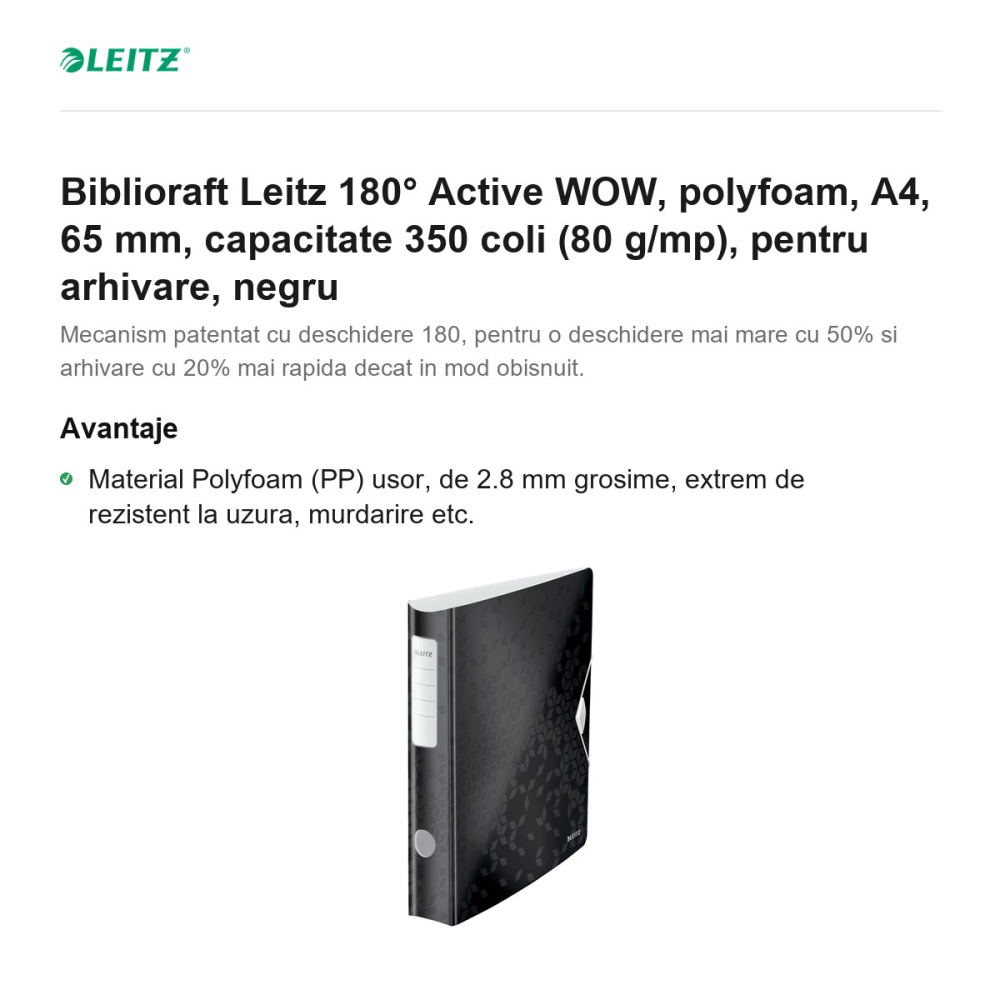 Biblioraft Leitz 180° Active WOW, polyfoam, A4, 65 mm, capacitate 350 coli (80 g/mp), pentru arhivare, negru [2]