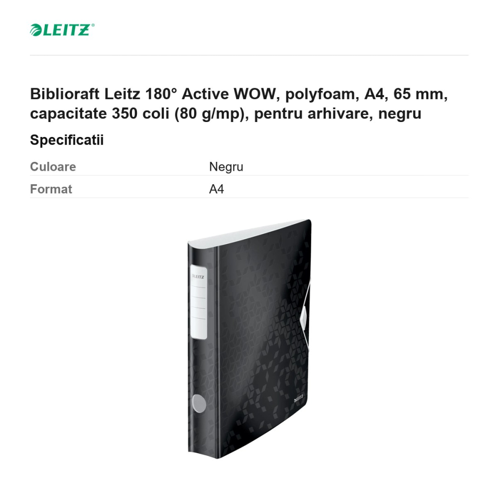 Biblioraft Leitz 180° Active WOW, polyfoam, A4, 65 mm, capacitate 350 coli (80 g/mp), pentru arhivare, negru [3]