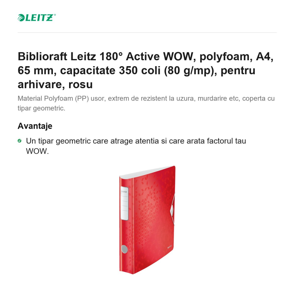 Biblioraft Leitz 180° Active WOW, polyfoam, A4, 65 mm, capacitate 350 coli (80 g/mp), pentru arhivare, rosu [2]