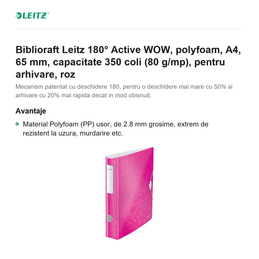 Biblioraft Leitz 180° Active WOW, polyfoam, A4, 65 mm, capacitate 350 coli (80 g/mp), pentru arhivare, roz [2]