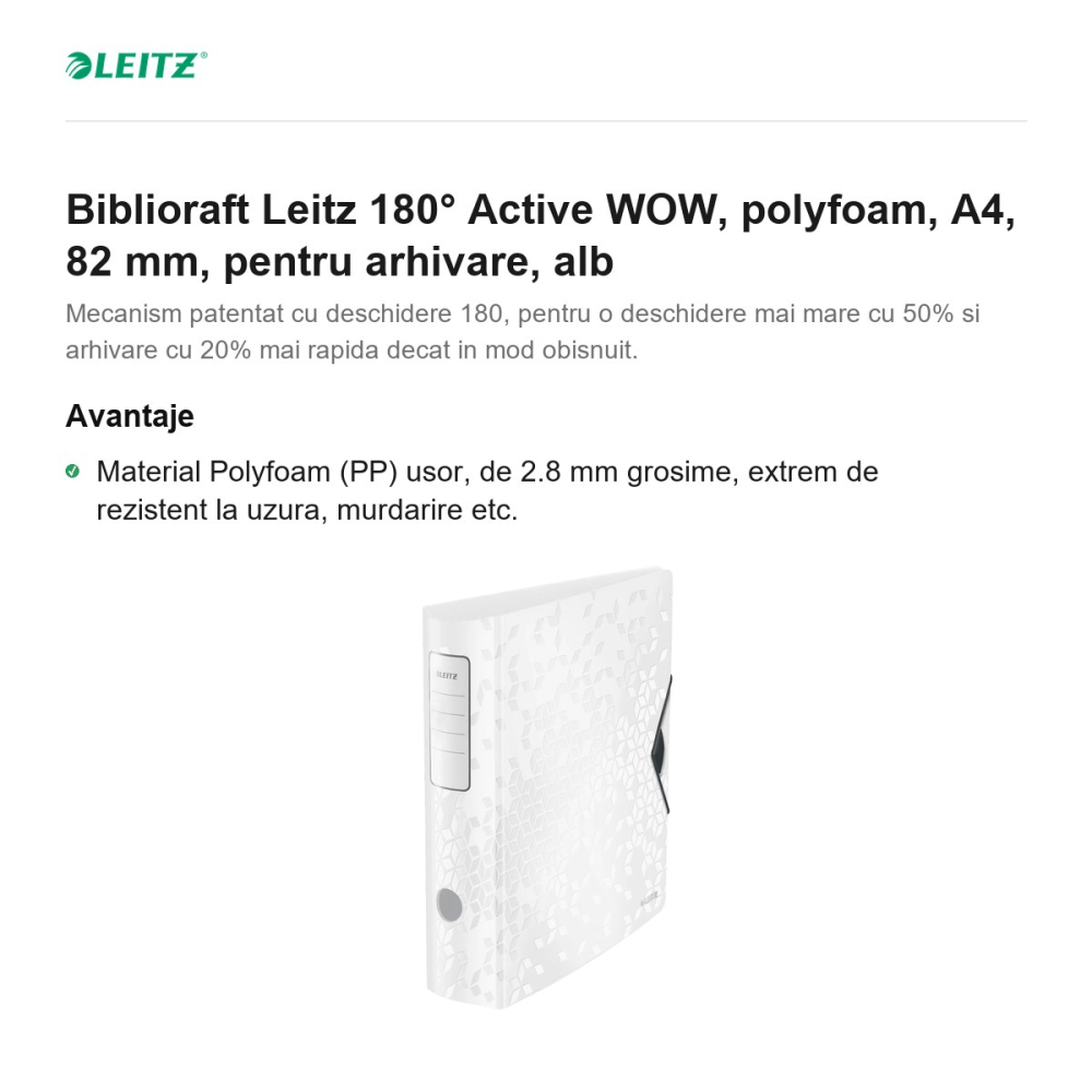 Biblioraft Leitz 180° Active WOW, polyfoam, A4, 82 mm, pentru arhivare, alb [2]