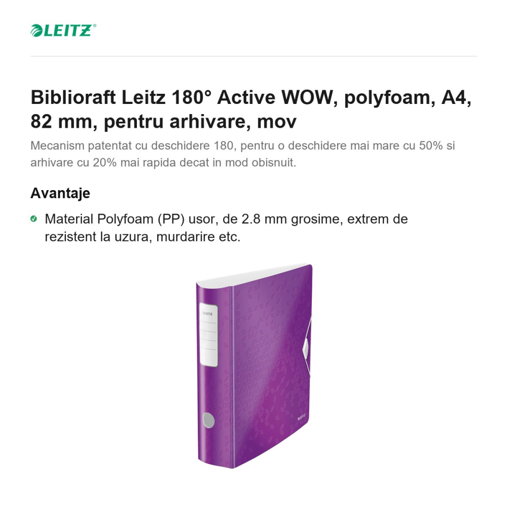 Biblioraft Leitz 180° Active WOW, polyfoam, A4, 82 mm, pentru arhivare, mov [2]