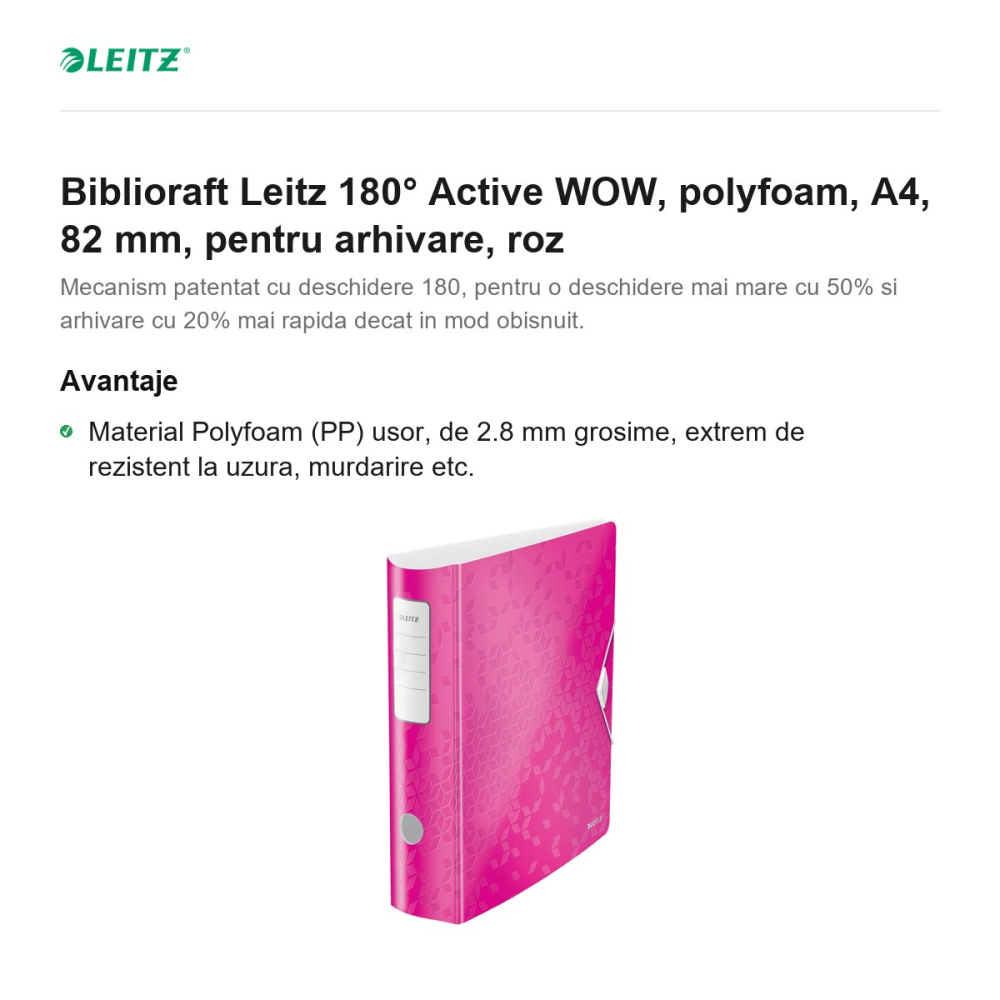 Biblioraft Leitz 180° Active WOW, polyfoam, A4, 82 mm, pentru arhivare, roz [2]