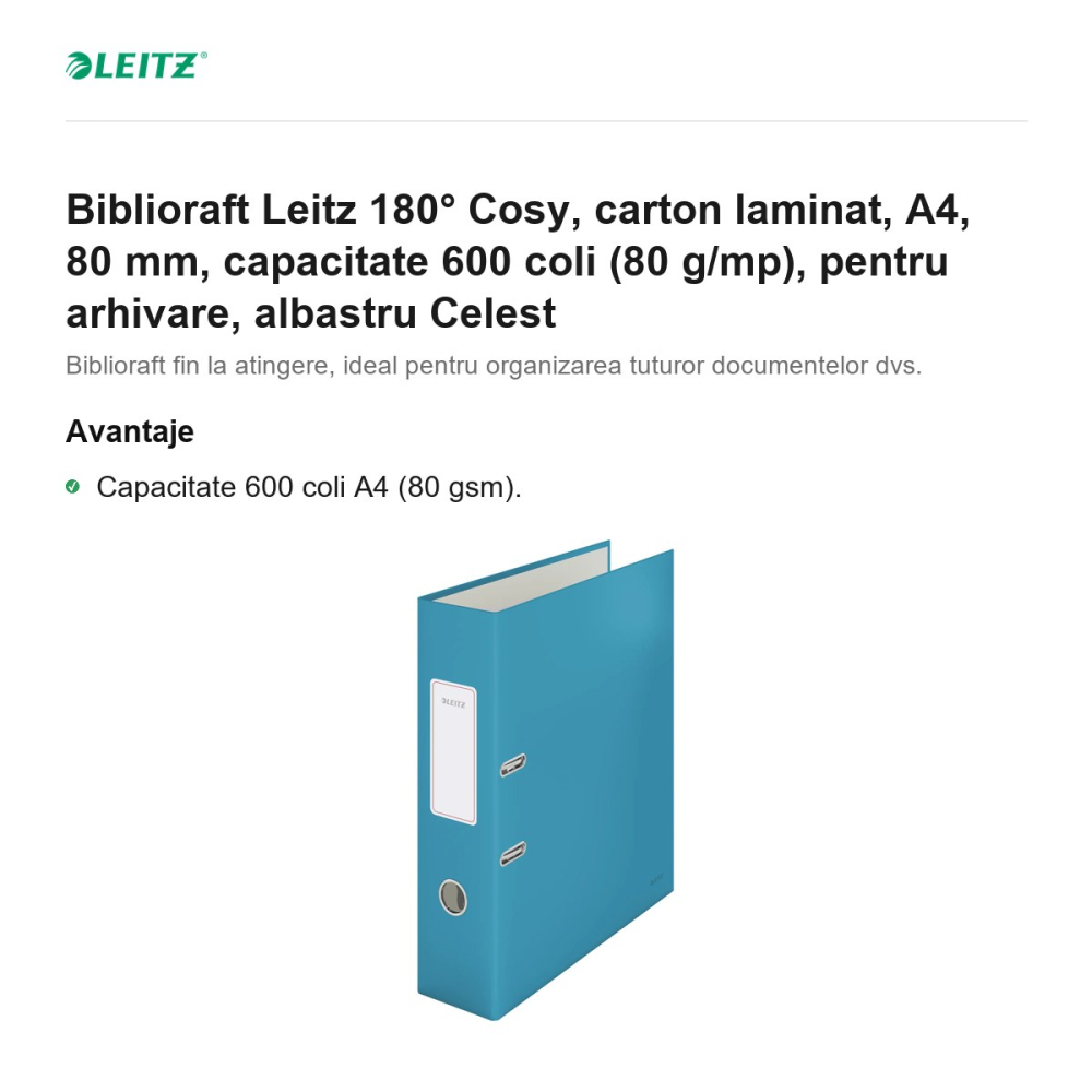 Biblioraft Leitz 180° Cosy, carton laminat, A4, 80 mm, capacitate 600 coli (80 g/mp), pentru arhivare, albastru Celest [2]