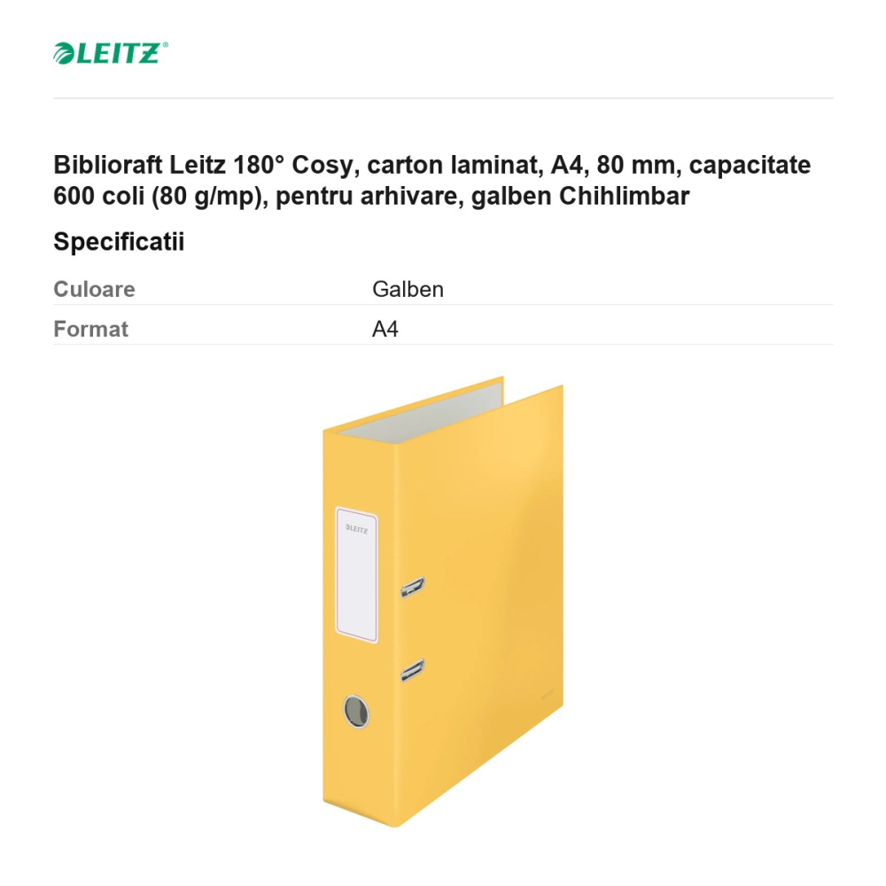 Biblioraft Leitz 180° Cosy, carton laminat, A4, 80 mm, capacitate 600 coli (80 g/mp), pentru arhivare, galben Chihlimbar [3]