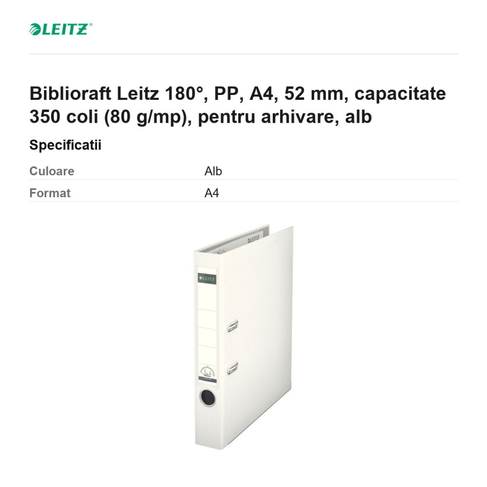 Biblioraft Leitz 180°, PP, A4, 52 mm, capacitate 350 coli (80 g/mp), pentru arhivare, alb [3]