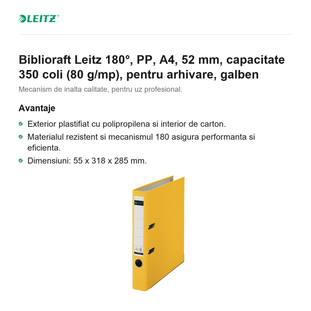 Biblioraft Leitz 180°, PP, A4, 52 mm, capacitate 350 coli (80 g/mp), pentru arhivare, galben [2]