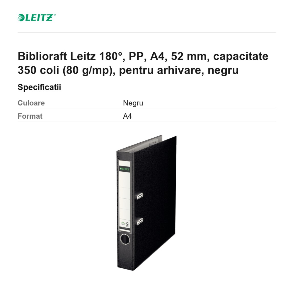 Biblioraft Leitz 180°, PP, A4, 52 mm, capacitate 350 coli (80 g/mp), pentru arhivare, negru [3]