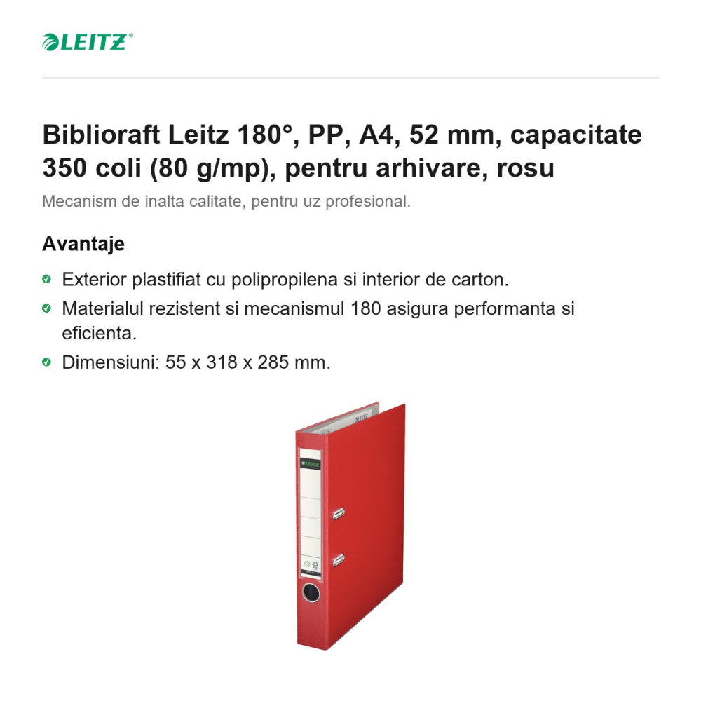 Biblioraft Leitz 180°, PP, A4, 52 mm, capacitate 350 coli (80 g/mp), pentru arhivare, rosu [2]