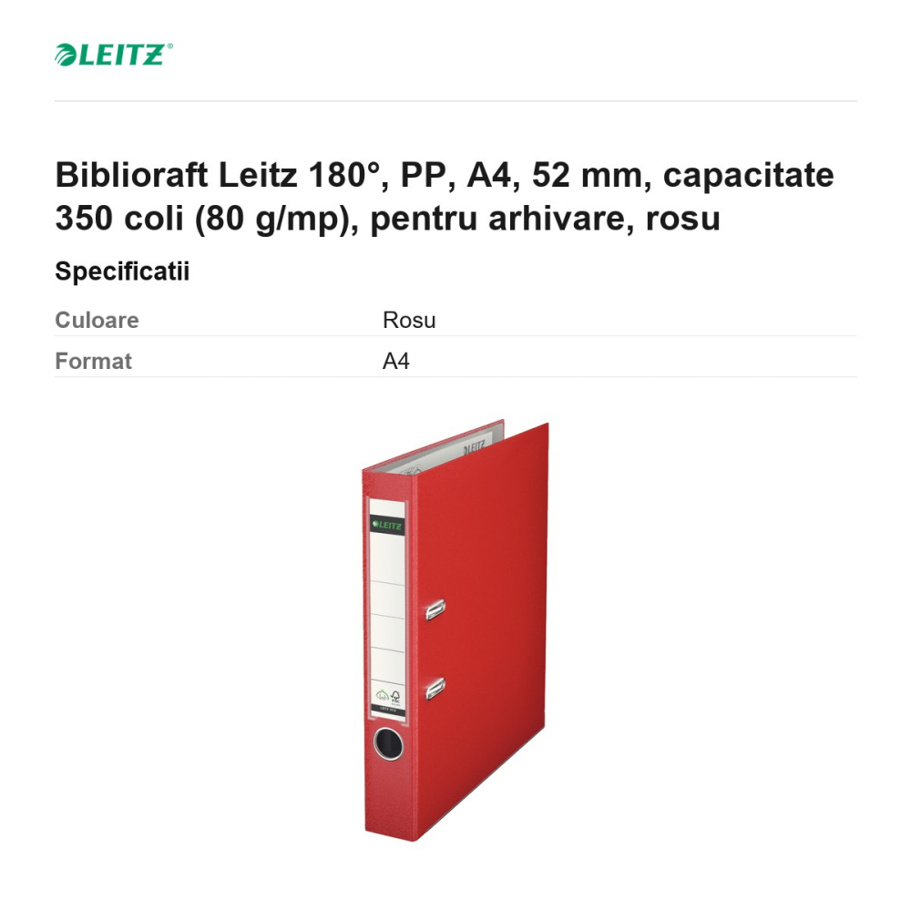Biblioraft Leitz 180°, PP, A4, 52 mm, capacitate 350 coli (80 g/mp), pentru arhivare, rosu [3]