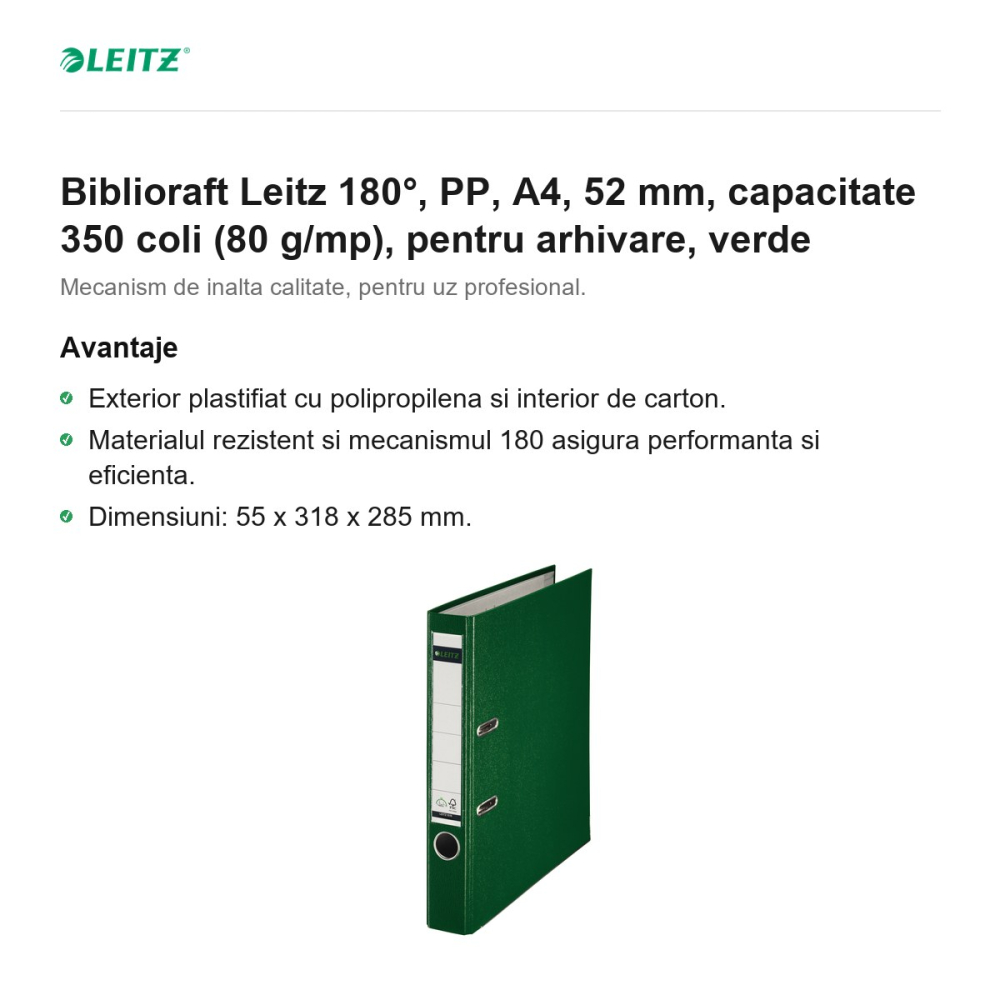 Biblioraft Leitz 180°, PP, A4, 52 mm, capacitate 350 coli (80 g/mp), pentru arhivare, verde [2]