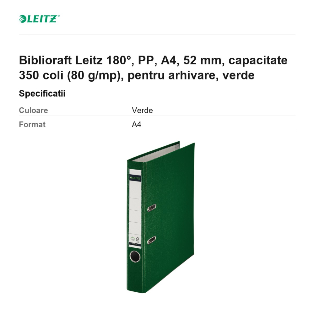 Biblioraft Leitz 180°, PP, A4, 52 mm, capacitate 350 coli (80 g/mp), pentru arhivare, verde [3]