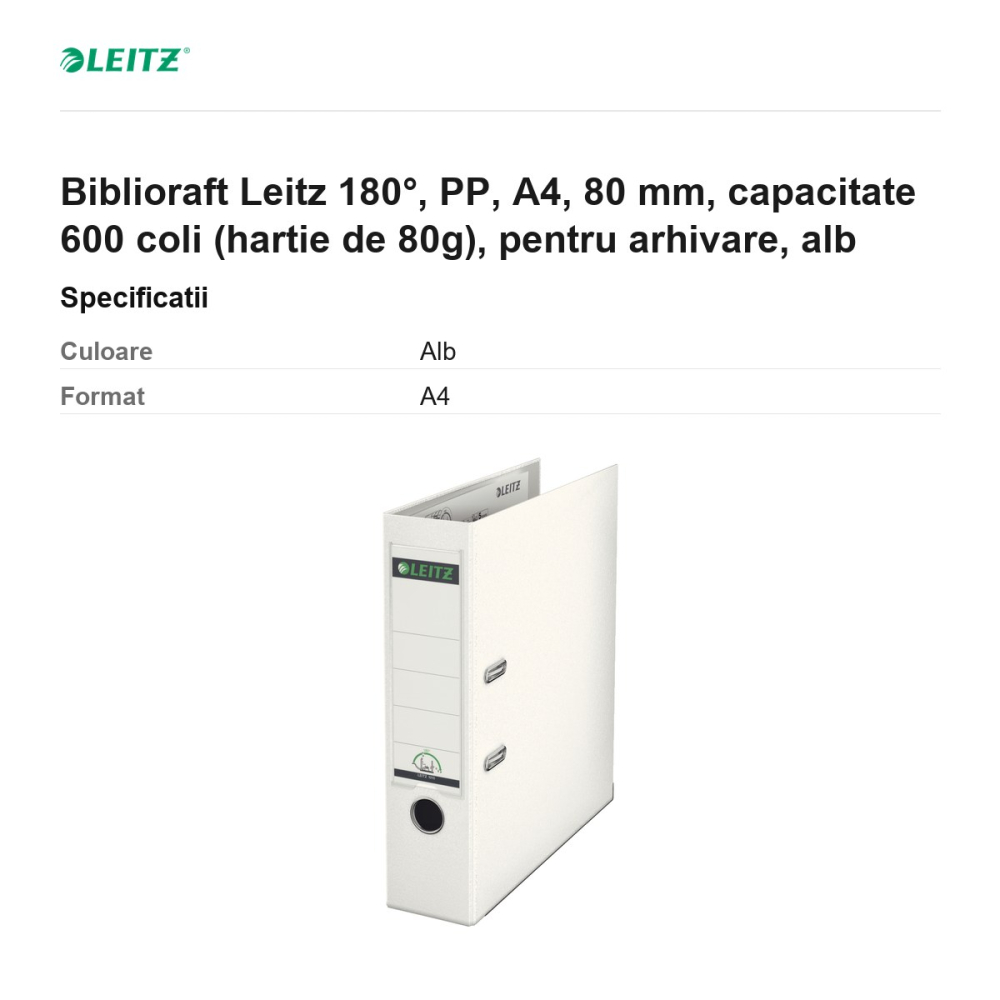 Biblioraft Leitz 180°, PP, A4, 80 mm, capacitate 600 coli (hartie de 80g), pentru arhivare, alb [3]