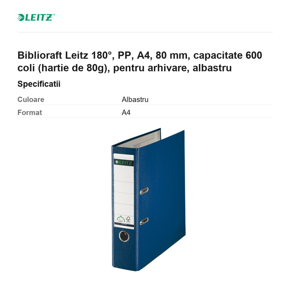 Biblioraft Leitz 180°, PP, A4, 80 mm, capacitate 600 coli (hartie de 80g), pentru arhivare, albastru [3]