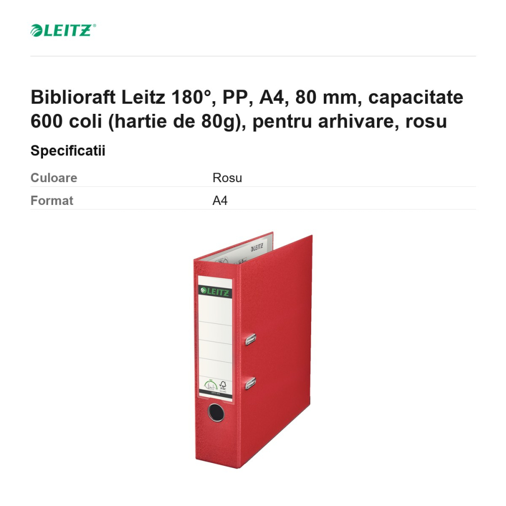 Biblioraft Leitz 180°, PP, A4, 80 mm, capacitate 600 coli (hartie de 80g), pentru arhivare, rosu [3]