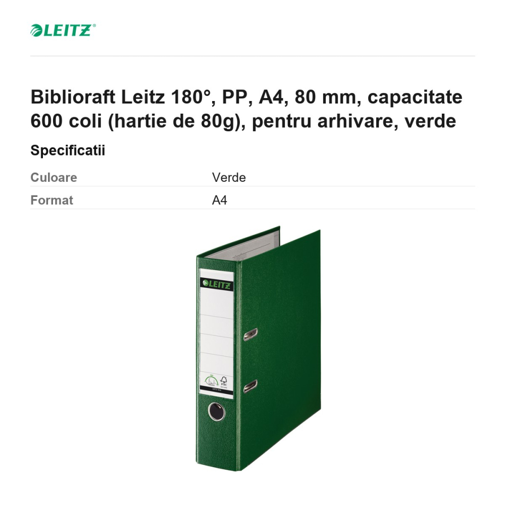 Biblioraft Leitz 180°, PP, A4, 80 mm, capacitate 600 coli (hartie de 80g), pentru arhivare, verde [3]