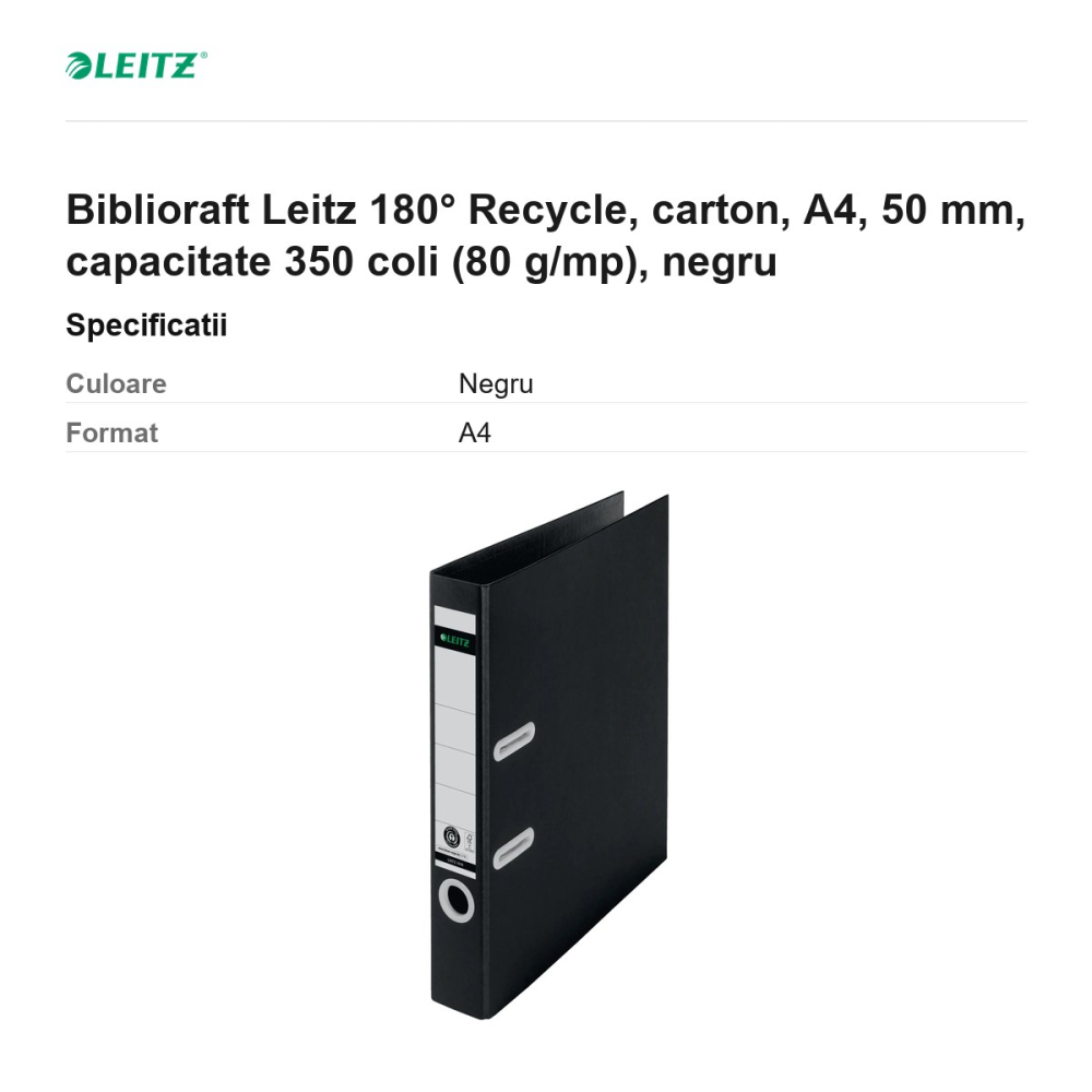 Biblioraft Leitz 180° Recycle, carton, A4, 50 mm, capacitate 350 coli (80 g/mp), negru [3]