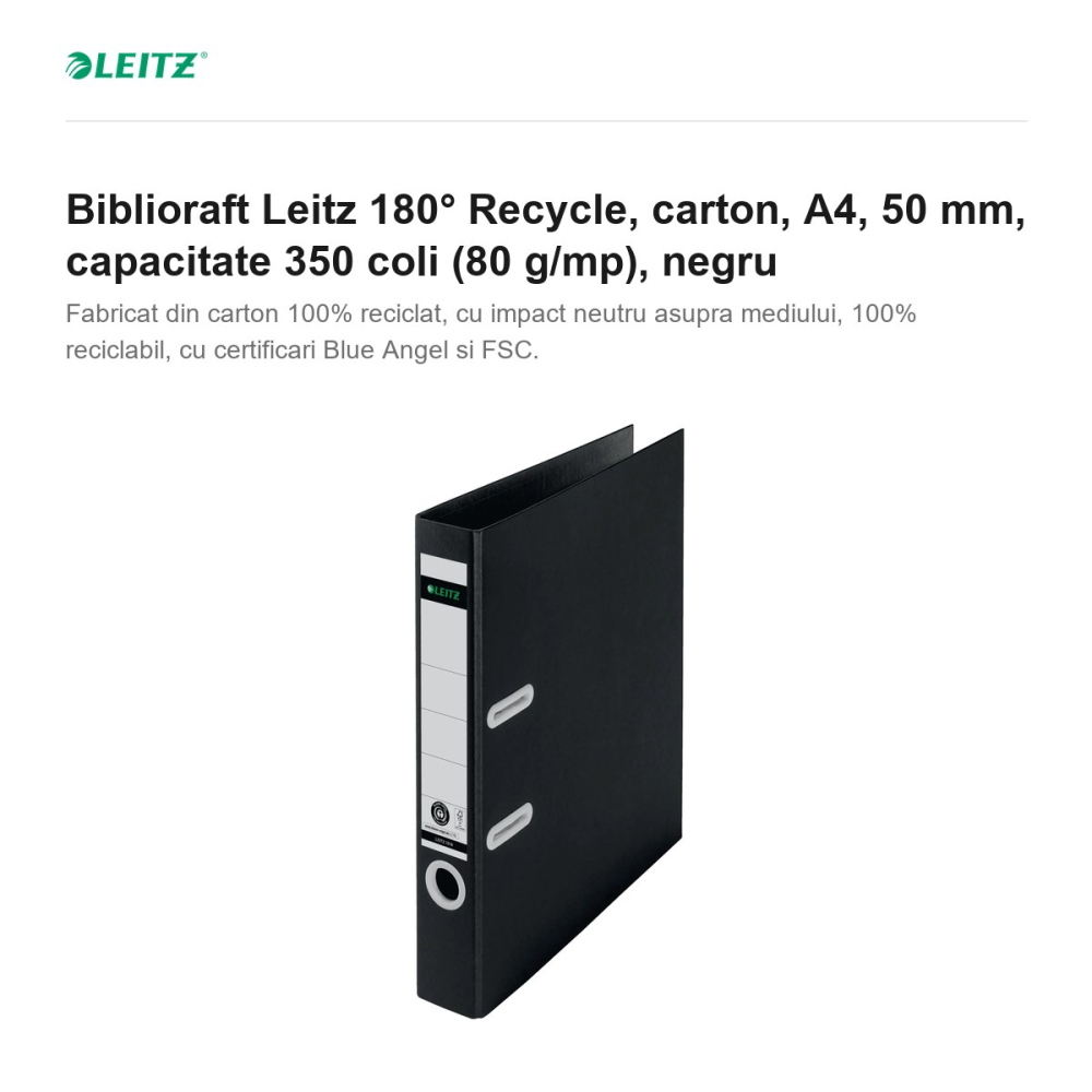 Biblioraft Leitz 180° Recycle, carton, A4, 50 mm, capacitate 350 coli (80 g/mp), negru [2]