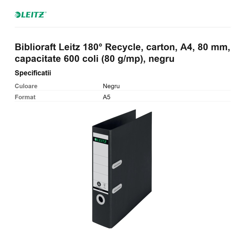Biblioraft Leitz 180° Recycle, carton, A4, 80 mm, capacitate 600 coli (80 g/mp), negru [3]