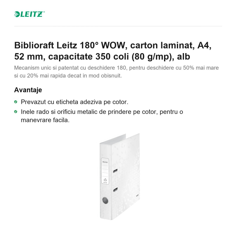 Biblioraft Leitz 180° WOW, carton laminat, A4, 52 mm, capacitate 350 coli (80 g/mp), alb [2]