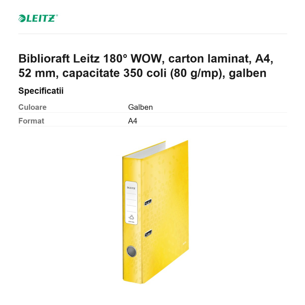 Biblioraft Leitz 180° WOW, carton laminat, A4, 52 mm, capacitate 350 coli (80 g/mp), galben [3]