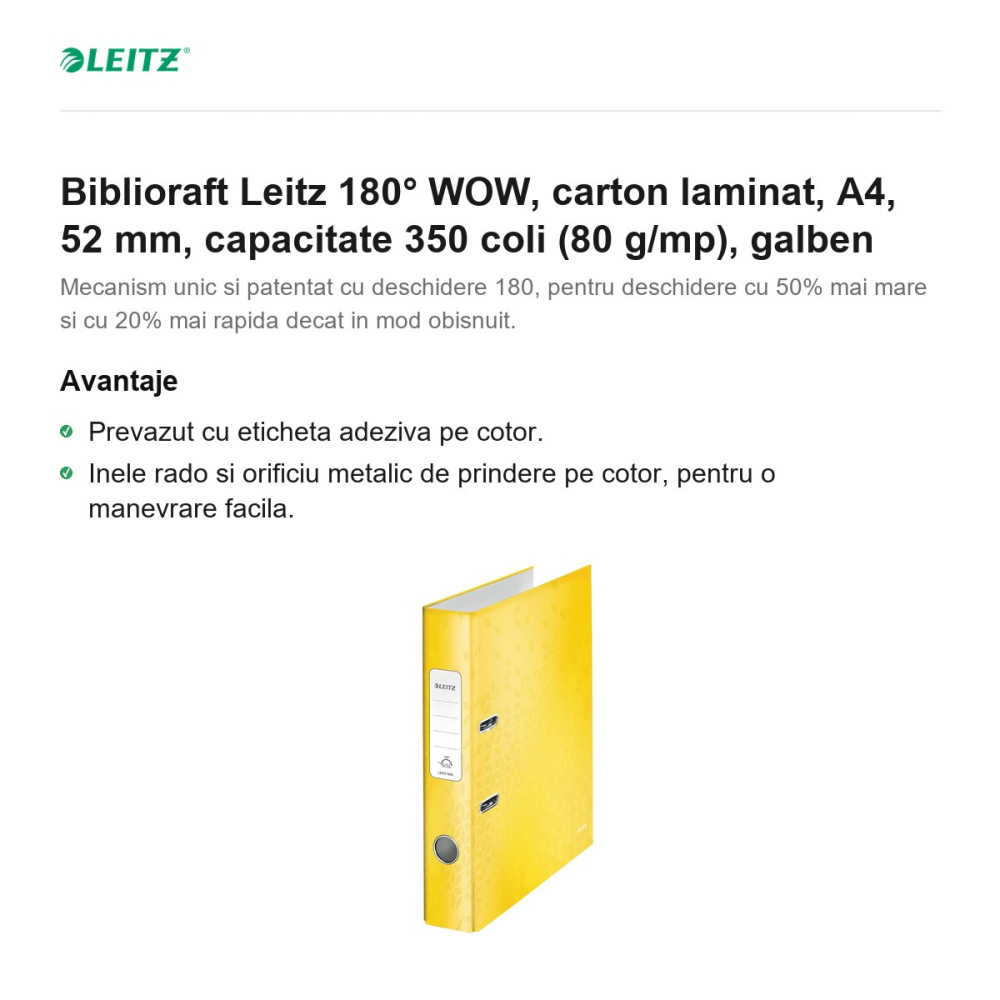 Biblioraft Leitz 180° WOW, carton laminat, A4, 52 mm, capacitate 350 coli (80 g/mp), galben [2]