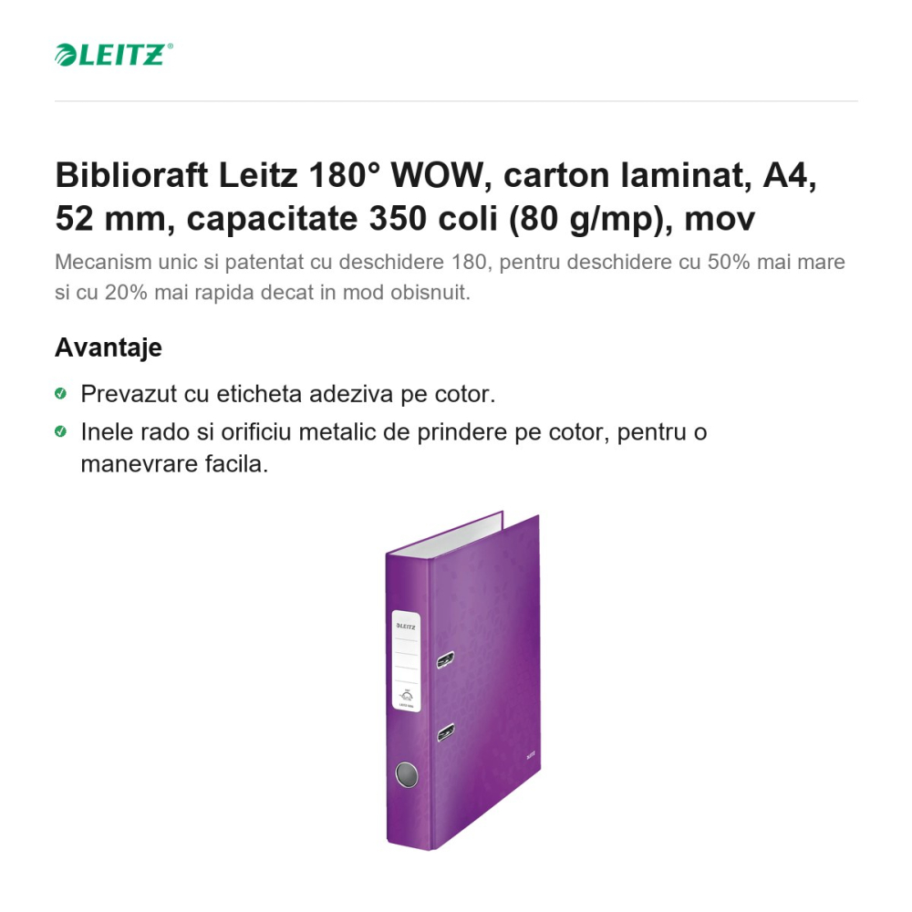 Biblioraft Leitz 180° WOW, carton laminat, A4, 52 mm, capacitate 350 coli (80 g/mp), mov [2]