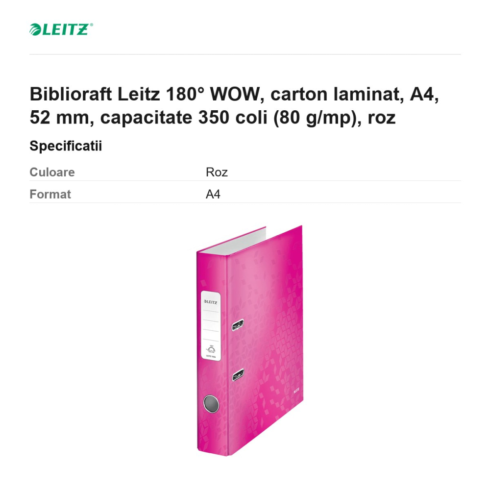 Biblioraft Leitz 180° WOW, carton laminat, A4, 52 mm, capacitate 350 coli (80 g/mp), roz [3]