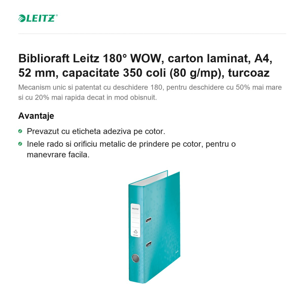 Biblioraft Leitz 180° WOW, carton laminat, A4, 52 mm, capacitate 350 coli (80 g/mp), turcoaz [2]
