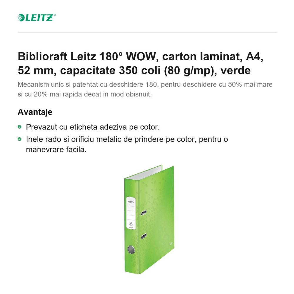 Biblioraft Leitz 180° WOW, carton laminat, A4, 52 mm, capacitate 350 coli (80 g/mp), verde [2]