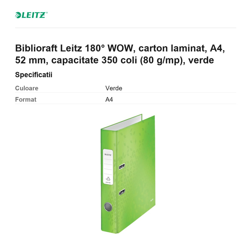Biblioraft Leitz 180° WOW, carton laminat, A4, 52 mm, capacitate 350 coli (80 g/mp), verde [3]