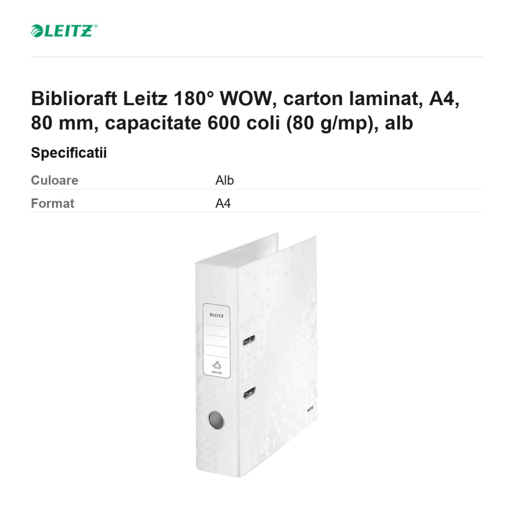 Biblioraft Leitz 180° WOW, carton laminat, A4, 80 mm, capacitate 600 coli (80 g/mp), alb [3]