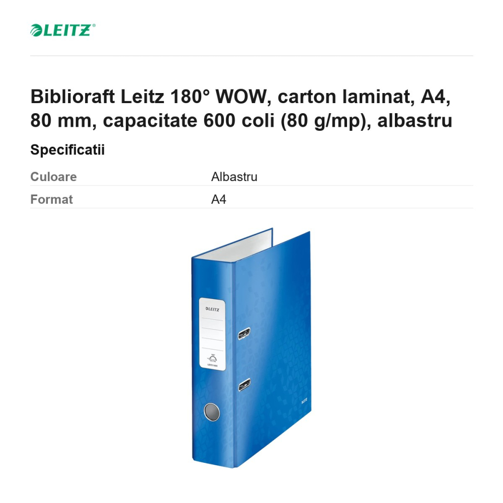 Biblioraft Leitz 180° WOW, carton laminat, A4, 80 mm, capacitate 600 coli (80 g/mp), albastru [3]
