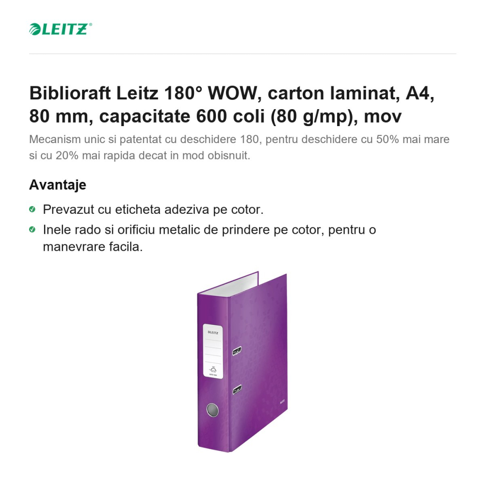 Biblioraft Leitz 180° WOW, carton laminat, A4, 80 mm, capacitate 600 coli (80 g/mp), mov [2]