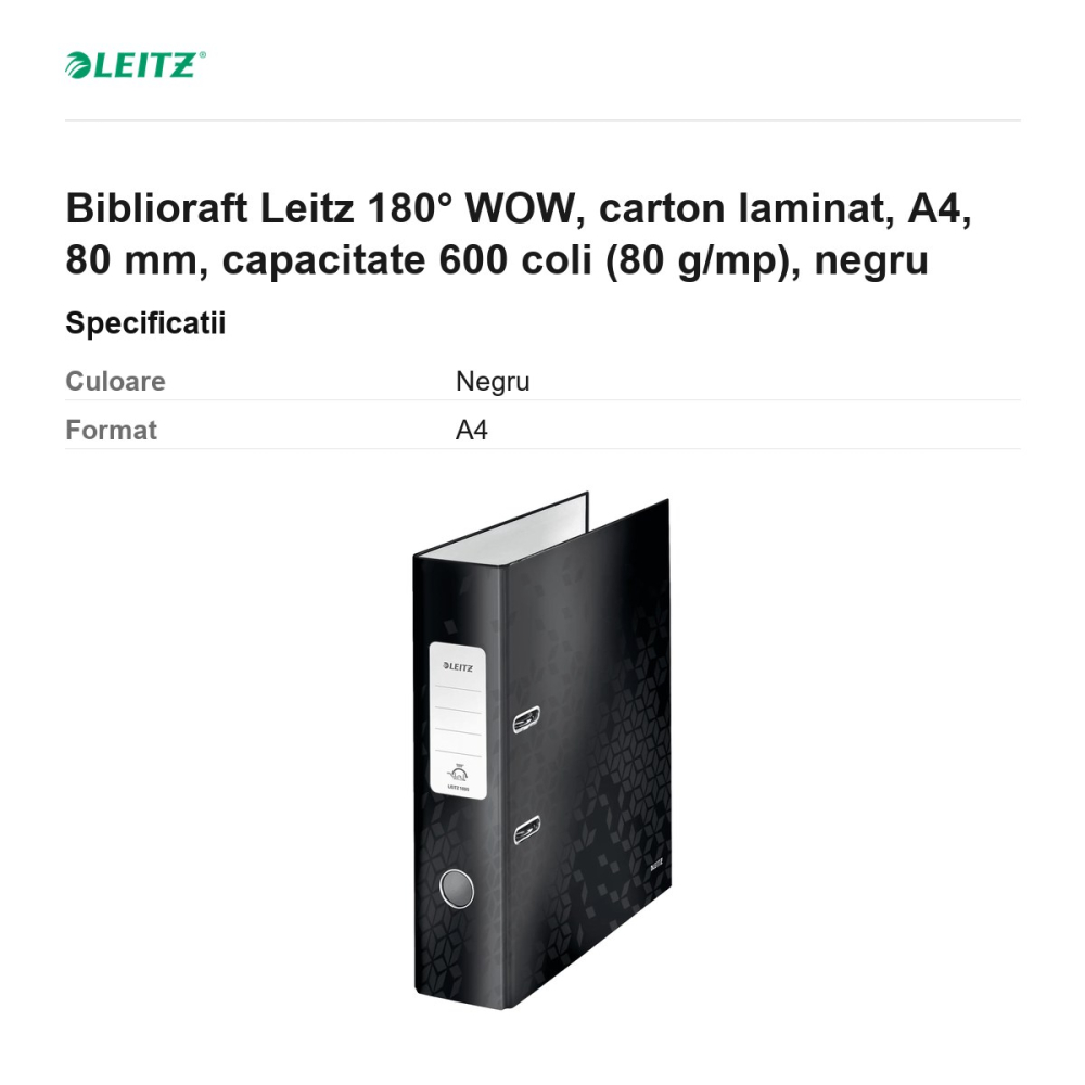 Biblioraft Leitz 180° WOW, carton laminat, A4, 80 mm, capacitate 600 coli (80 g/mp), negru [3]