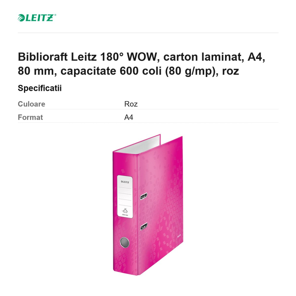 Biblioraft Leitz 180° WOW, carton laminat, A4, 80 mm, capacitate 600 coli (80 g/mp), roz [3]