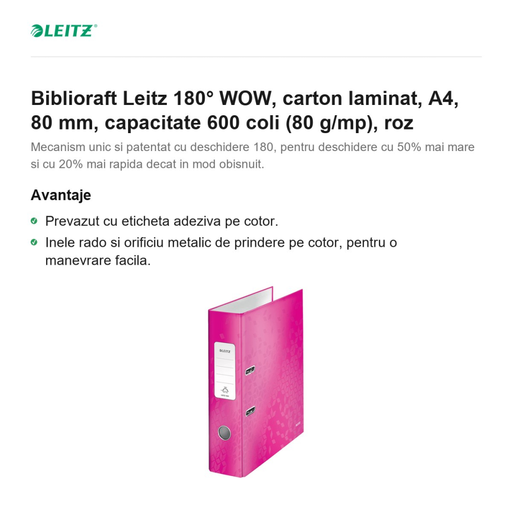 Biblioraft Leitz 180° WOW, carton laminat, A4, 80 mm, capacitate 600 coli (80 g/mp), roz [2]