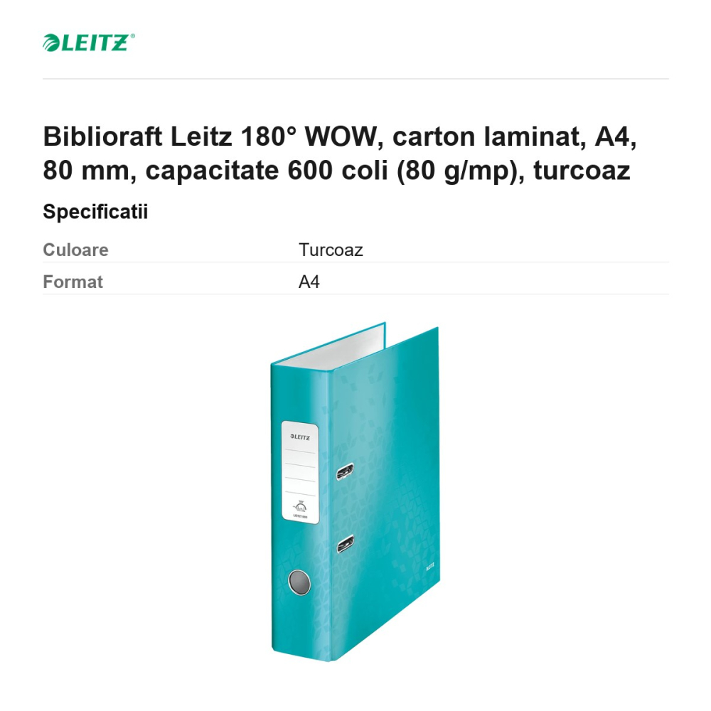 Biblioraft Leitz 180° WOW, carton laminat, A4, 80 mm, capacitate 600 coli (80 g/mp), turcoaz [3]