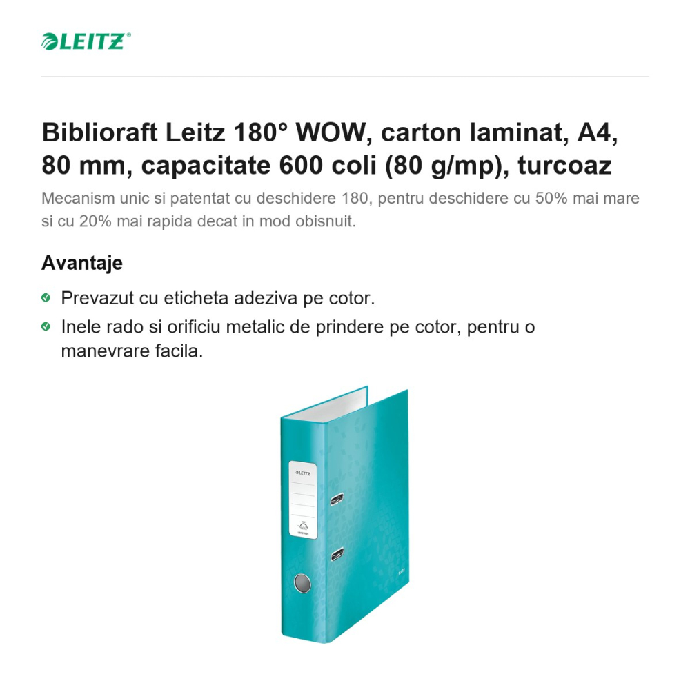 Biblioraft Leitz 180° WOW, carton laminat, A4, 80 mm, capacitate 600 coli (80 g/mp), turcoaz [2]