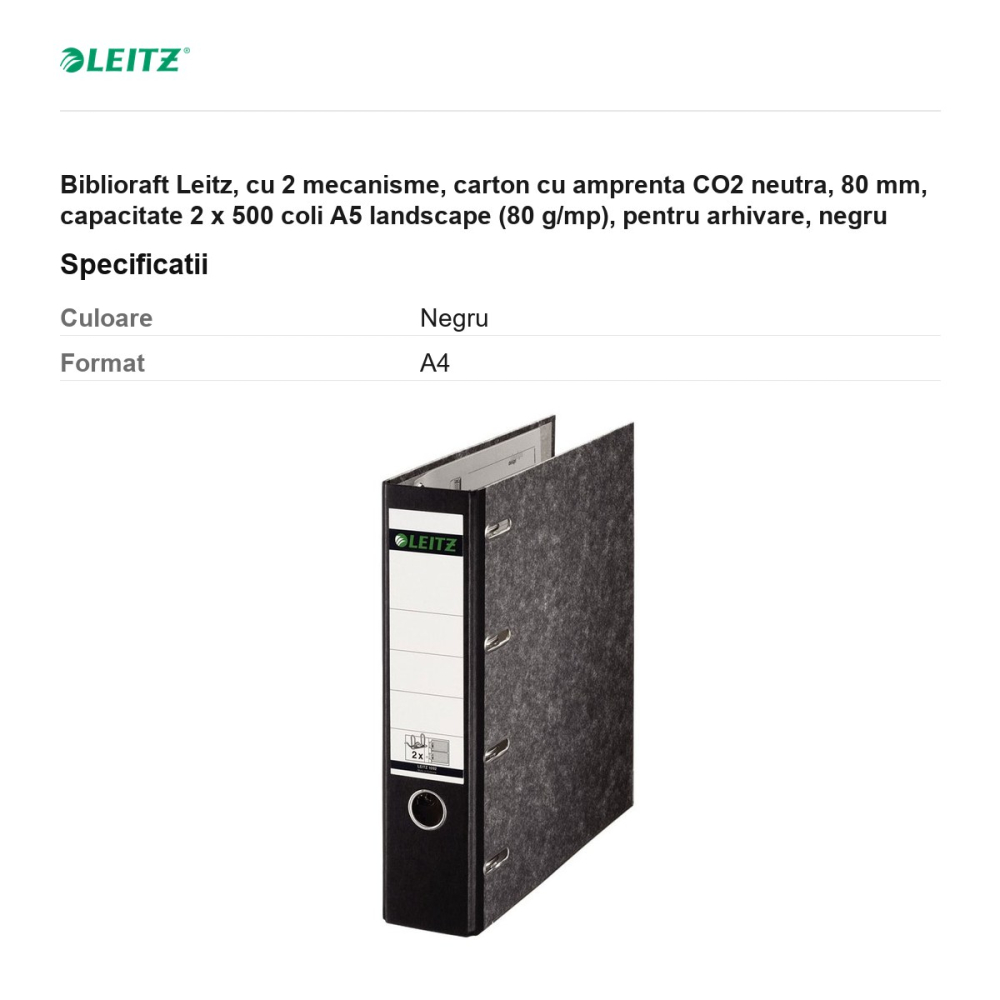 Biblioraft Leitz, cu 2 mecanisme, carton cu amprenta CO2 neutra, 80 mm, capacitate 2 x 500 coli A5 landscape (80 g/mp), pentru arhivare, negru [3]