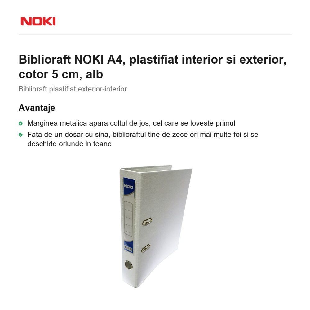 Biblioraft NOKI A4, plastifiat interior si exterior, cotor 5 cm, alb [2]