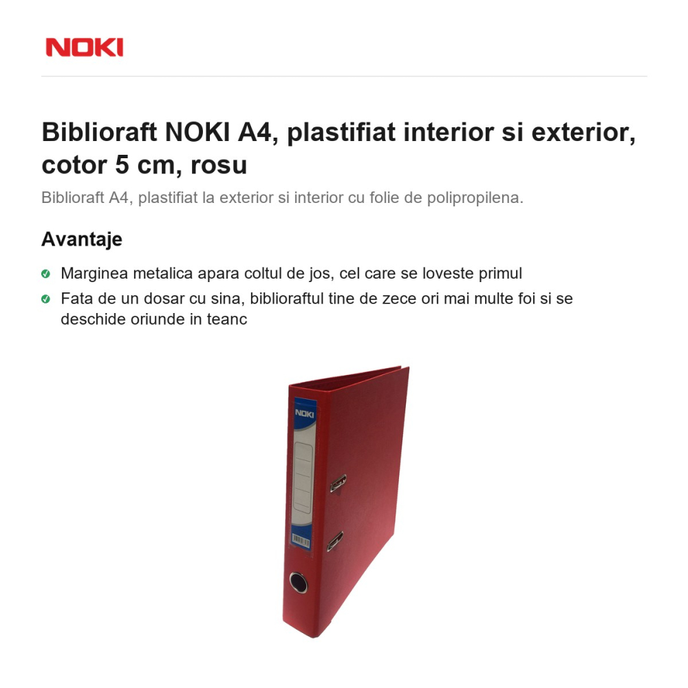 Biblioraft NOKI A4, plastifiat interior si exterior, cotor 5 cm, rosu [2]