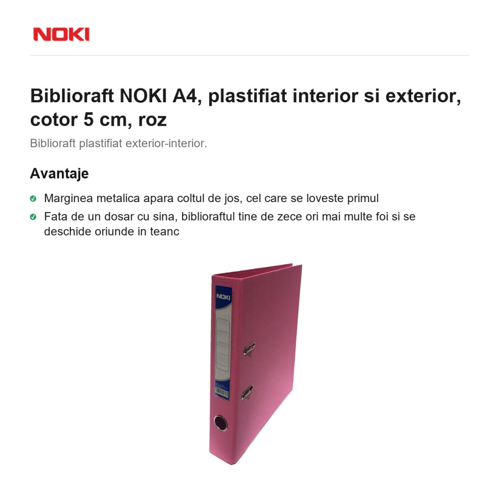 Biblioraft NOKI A4, plastifiat interior si exterior, cotor 5 cm, roz [2]